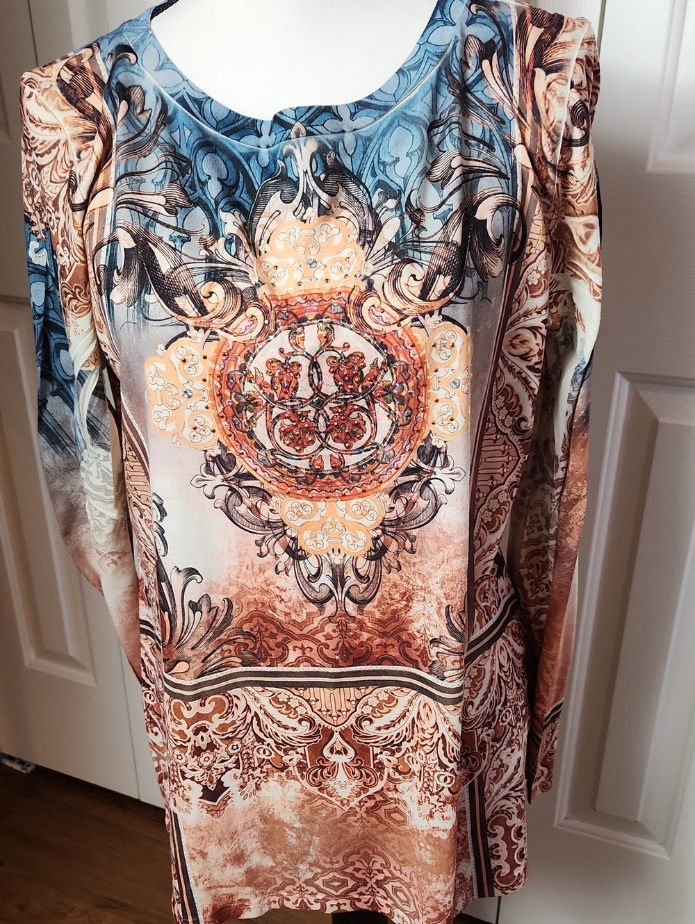 new directions Blue and Brown Ornate Medallion Long-Sleeve Shirt, Size XL